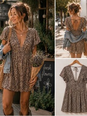 Anna Nata Maria Brown Floral Deep V Women’s Mini Dress Sz S